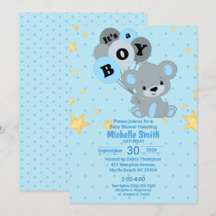 Cute Watercolor Bear its a Boy Balloy Inbjudningar