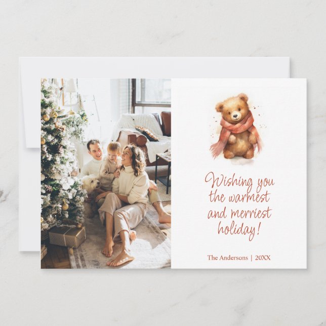 Cute Watercolor Bear med Scarf-julfoto Julkort (Framsida)