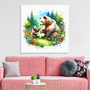 Cute Watercolor Bear och Unge Canvastryck