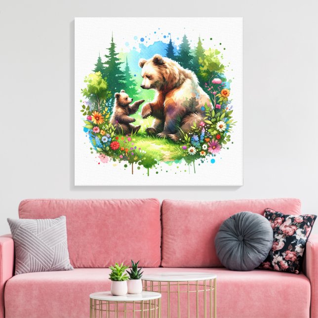 Cute Watercolor Bear och Unge Canvastryck (Insitu (Vardagsrum))
