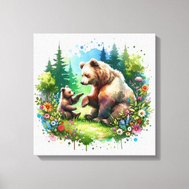 Cute Watercolor Bear och Unge Canvastryck (Framsida)