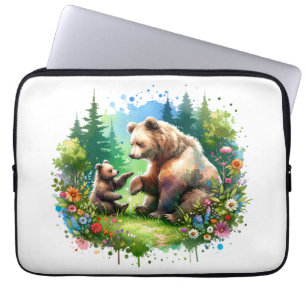 Cute Watercolor Bear och Unge Laptop Fodral