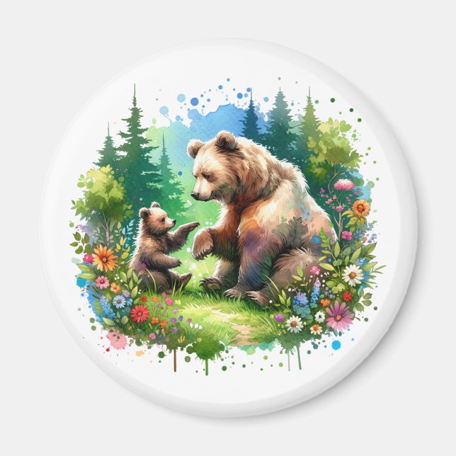 Cute Watercolor Bear och Unge Magnet (Framsidan)