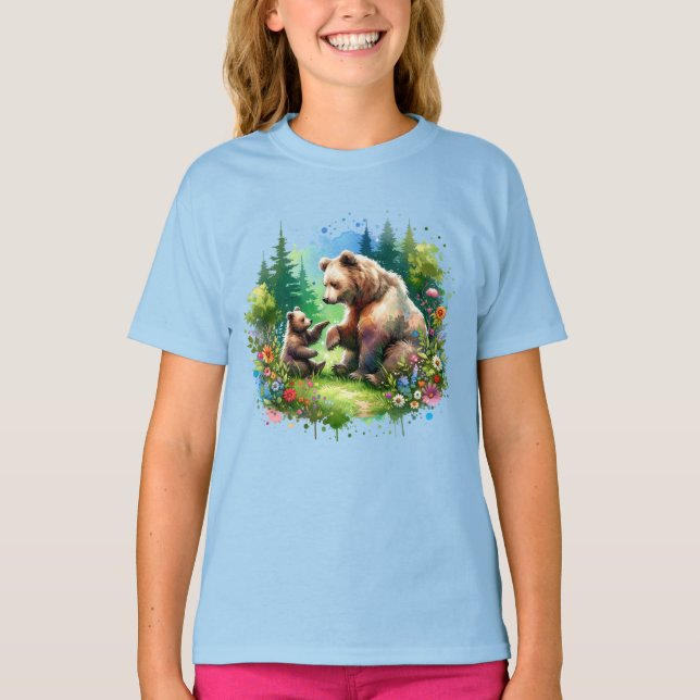 Cute Watercolor Bear och Unge T Shirt (Framsida)