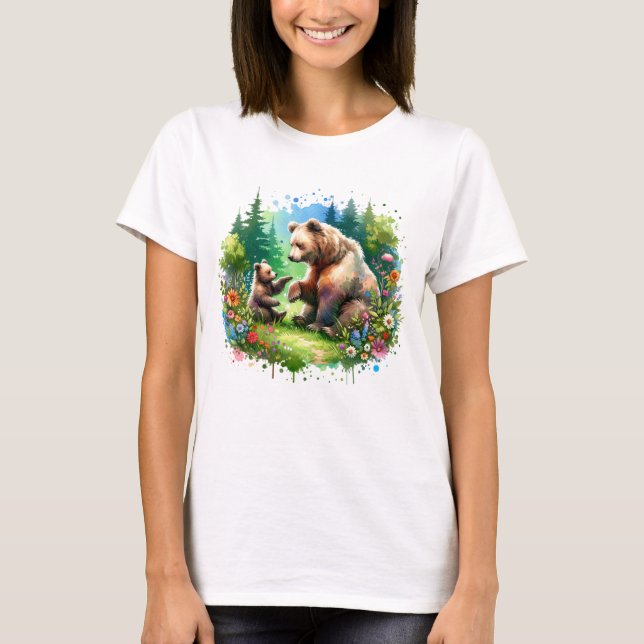 Cute Watercolor Bear och Unge T Shirt (Framsida)