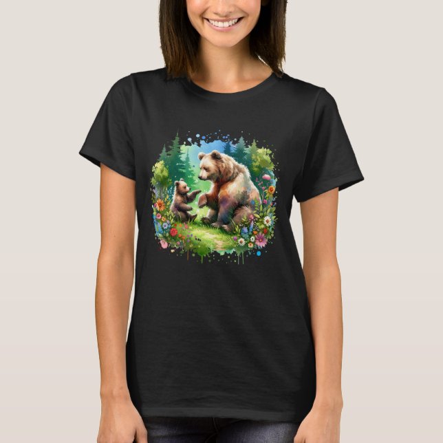 Cute Watercolor Bear och Unge T Shirt (Framsida)