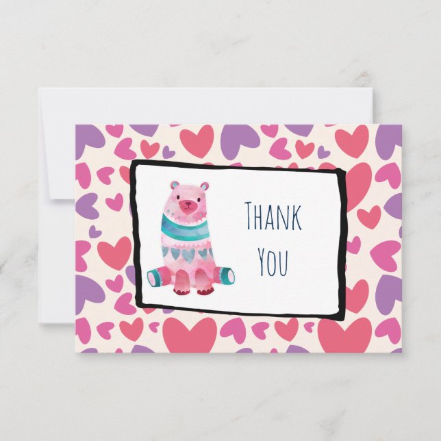 Cute Watercolor Bear on a Heart Mönster Tack Inbjudningar (Framsida)