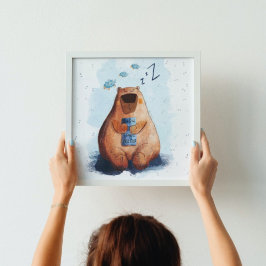 Cute Watercolor Bear Sleeping Spädbarn Kids Nurser Poster