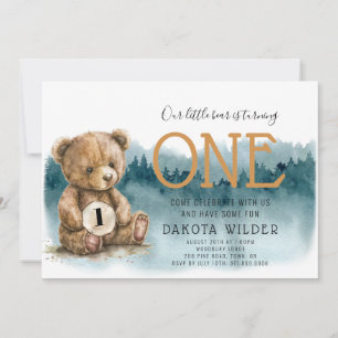 Cute Watercolor Bear Turving One Forest Birthday Inbjudningar