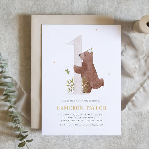 Cute Watercolor Bear Woodland First Födelsedagsfes Inbjudningar
