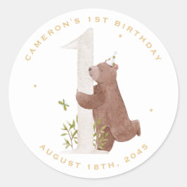 Cute Watercolor Bear Woodland First Födelsedagsfes Runt Klistermärke