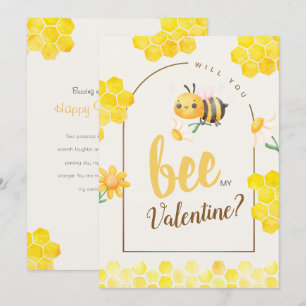 Cute Watercolor Bee & Honeycomb Valentine Day Julkort