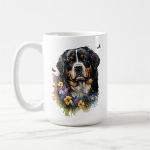 Cute Watercolor Bernese Mountain Hund with Flowers Kaffemugg