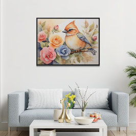 Cute Watercolor Bird Flower Art Gift Poster