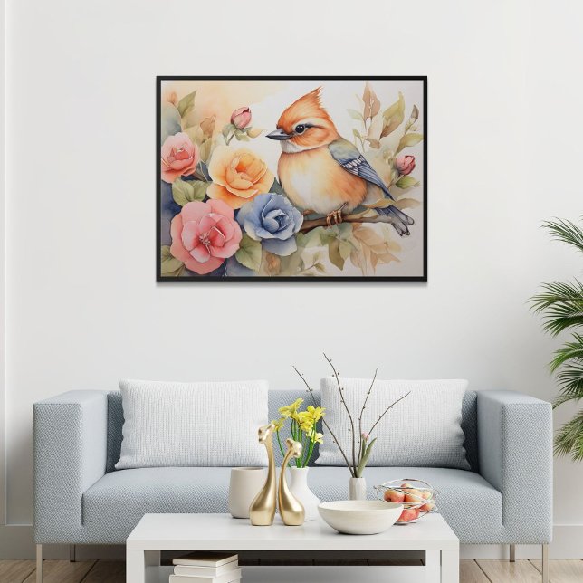 Cute Watercolor Bird Flower Art Gift Poster (Skapare uppladdad)