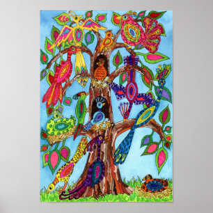 Cute Watercolor Bird Livets träd Poster