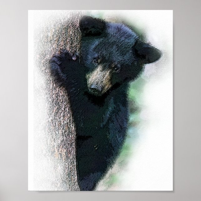 Cute Watercolor Black Bear Unge i Träd Poster (Framsidan)