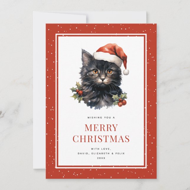 Cute Watercolor Black Cat God jul Card Julkort (Framsida)
