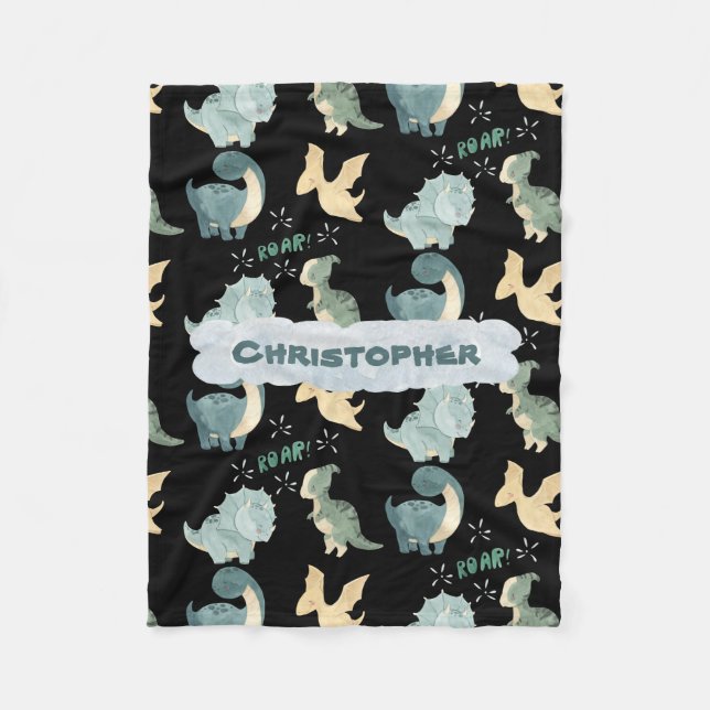 Cute Watercolor Black Dinosaur Mönster Fleecefilt (Framsidan)