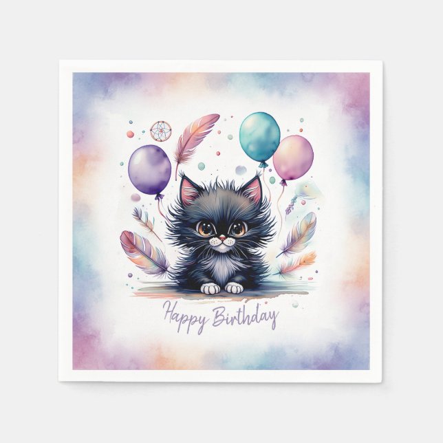 Cute Watercolor Black Kitten Balloons Birthday  Pappersservett (Framsidan)