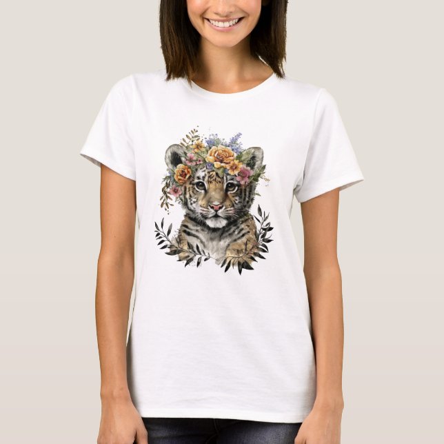 Cute Watercolor Blommigt Baby Tiger T Shirt (Framsida)