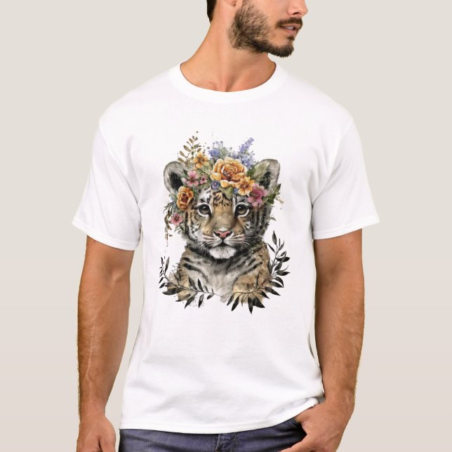 Cute Watercolor Blommigt Baby Tiger T Shirt (Framsida)