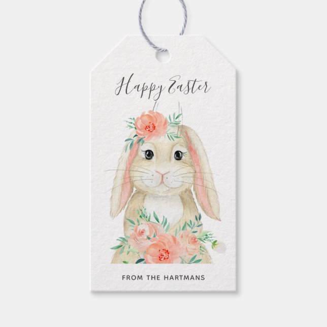 Cute Watercolor Blommigt Bunny Påsk Namn Presentetikett (Framsidan)