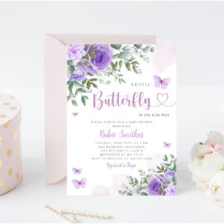Cute Watercolor Blommigt Butterfly Girl Baby Showe Inbjudningar