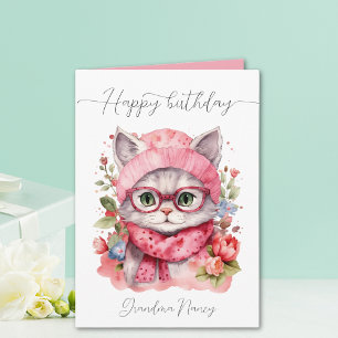 Cute Watercolor Blommigt Cat Grandma Grattis på fö Kort