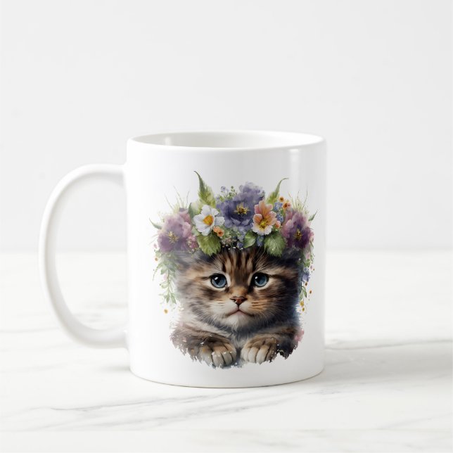 Cute Watercolor Blommigt Cat Kaffemugg (Vänster)