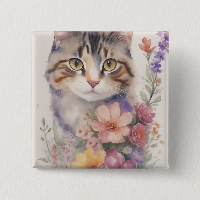 Cute Watercolor Blommigt Cat Knapp (Framsida)