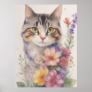Cute Watercolor Blommigt Cat Poster