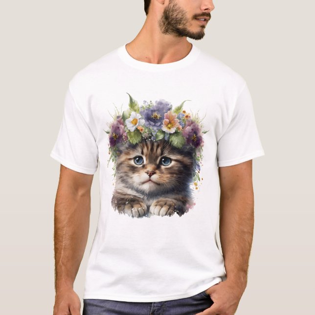 Cute Watercolor Blommigt Cat T Shirt (Framsida)