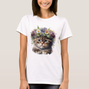 Cute Watercolor Blommigt Cat T Shirt