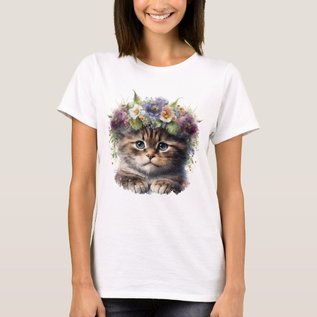 Cute Watercolor Blommigt Cat T Shirt (Framsida)