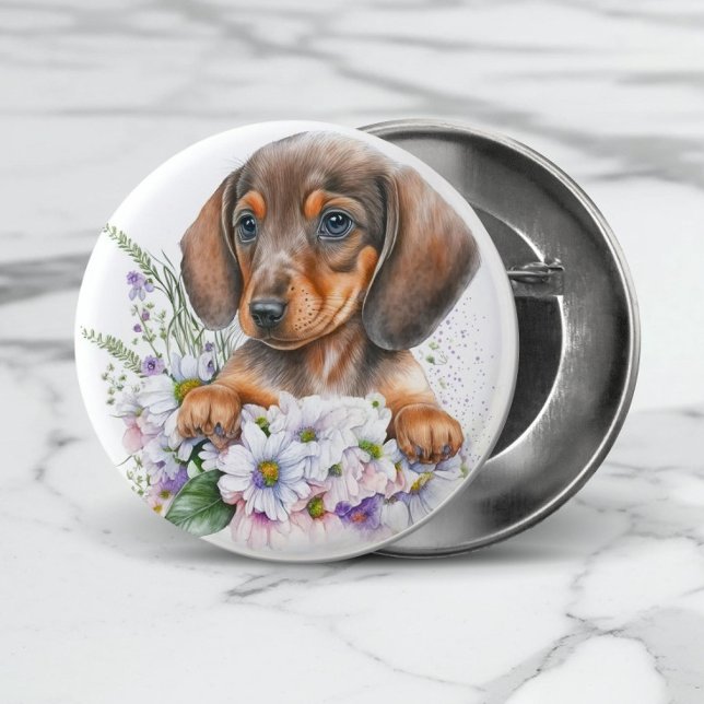 Cute Watercolor Blommigt Dachshund Puppy Hund Knapp (View the collection for other matching gift items for Dachshund lovers.)