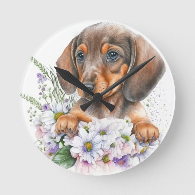Cute Watercolor Blommigt Dachshund Puppy Hund Rund Klocka (Framsida)