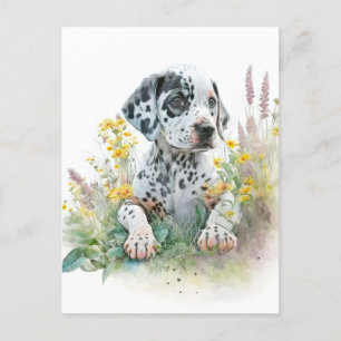 Cute Watercolor Blommigt Dalmatian Puppy Hund Vykort