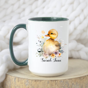 Cute Watercolor Blommigt Duckling & Baby Elephant Mugg