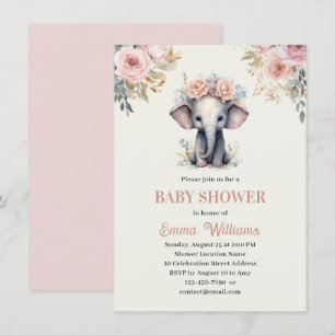 Cute Watercolor Blommigt Elephant Girl Baby Shower Inbjudningar