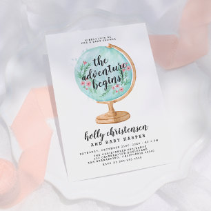 Cute Watercolor Blommigt Globe Flicka Baby Shower Inbjudningar