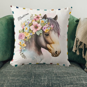 Cute Watercolor Blommigt Horse Personlig Namn Kudde