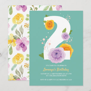 Cute Watercolor Blommigt Kids 2:a födelsedagen Par Spara Datumet