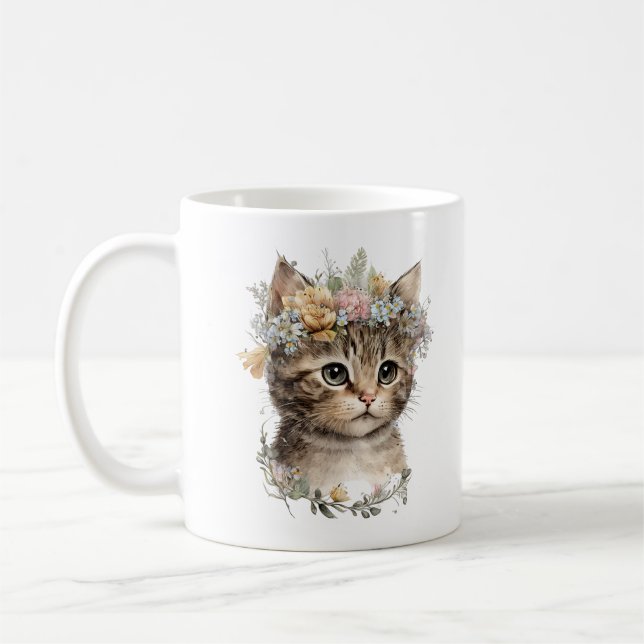 Cute Watercolor Blommigt Kitten Kaffemugg (Vänster)