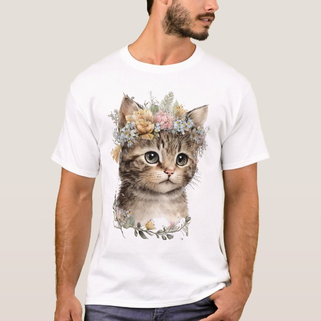 Cute Watercolor Blommigt Kitten T Shirt (Framsida)