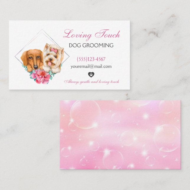 Cute Watercolor Blommigt Pet Hund Grooming Service Visitkort (Fram/baksida)
