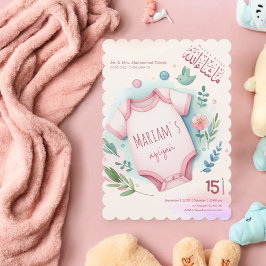 Cute Watercolor Blommigt Rosa Flicka Muslim Aqiqa Inbjudningar