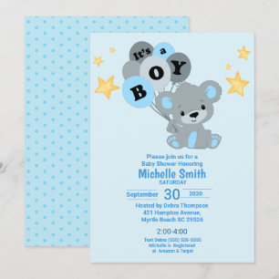 Cute Watercolor Blue Bear its a Boy Balloations Inbjudningar