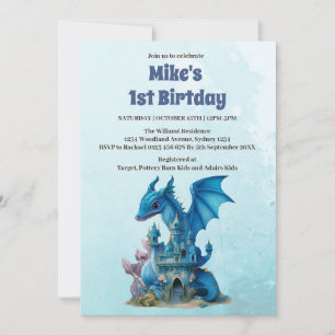 Cute Watercolor Blue Dragon 1:a födelsedagen Inbjudningar