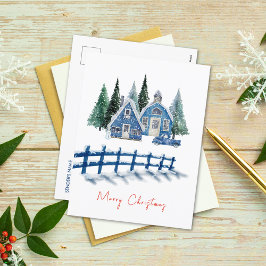Cute Watercolor Blue House God jul Helg Vykort